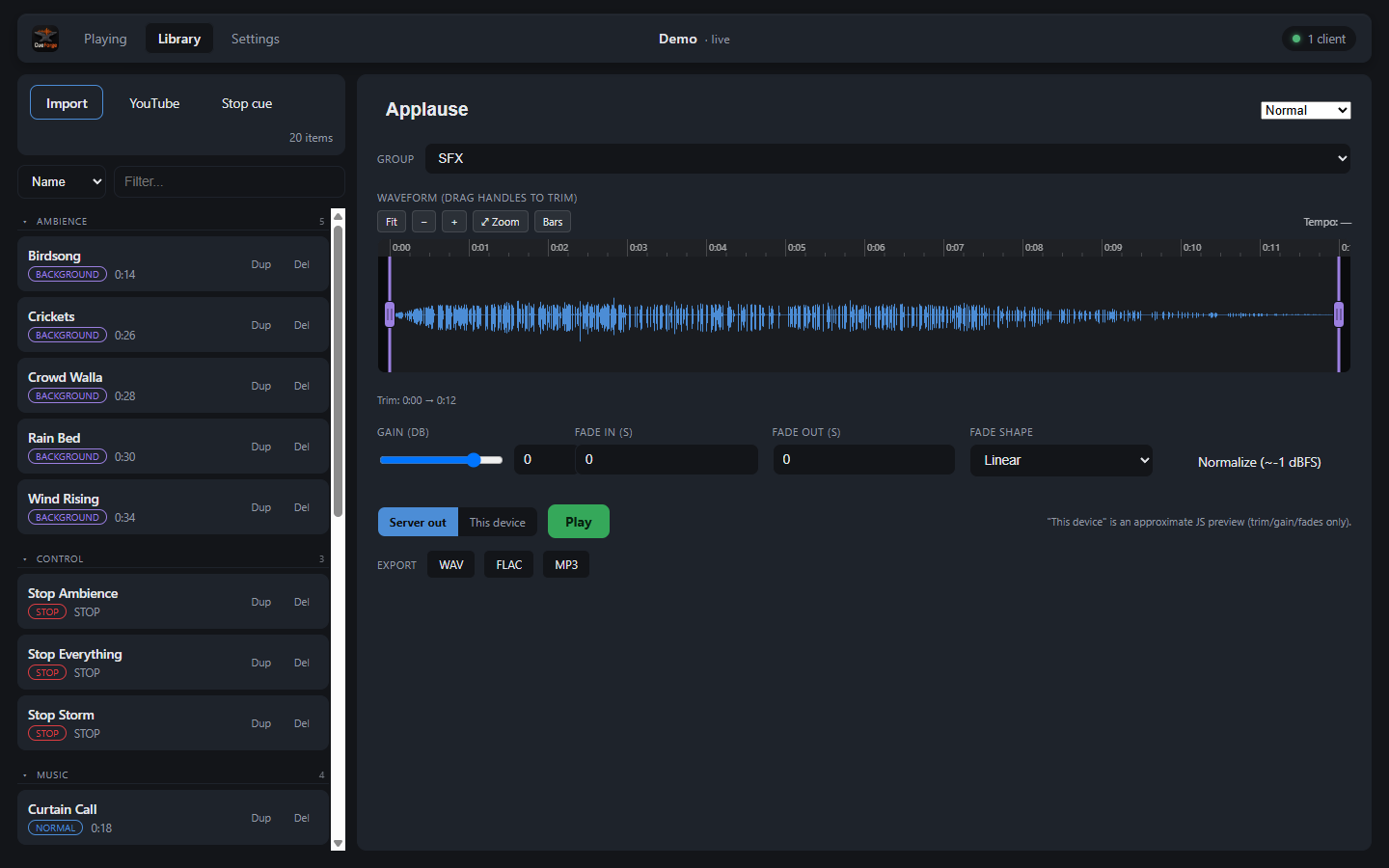 CueForge library: waveform editor with fades and trim, grouped items