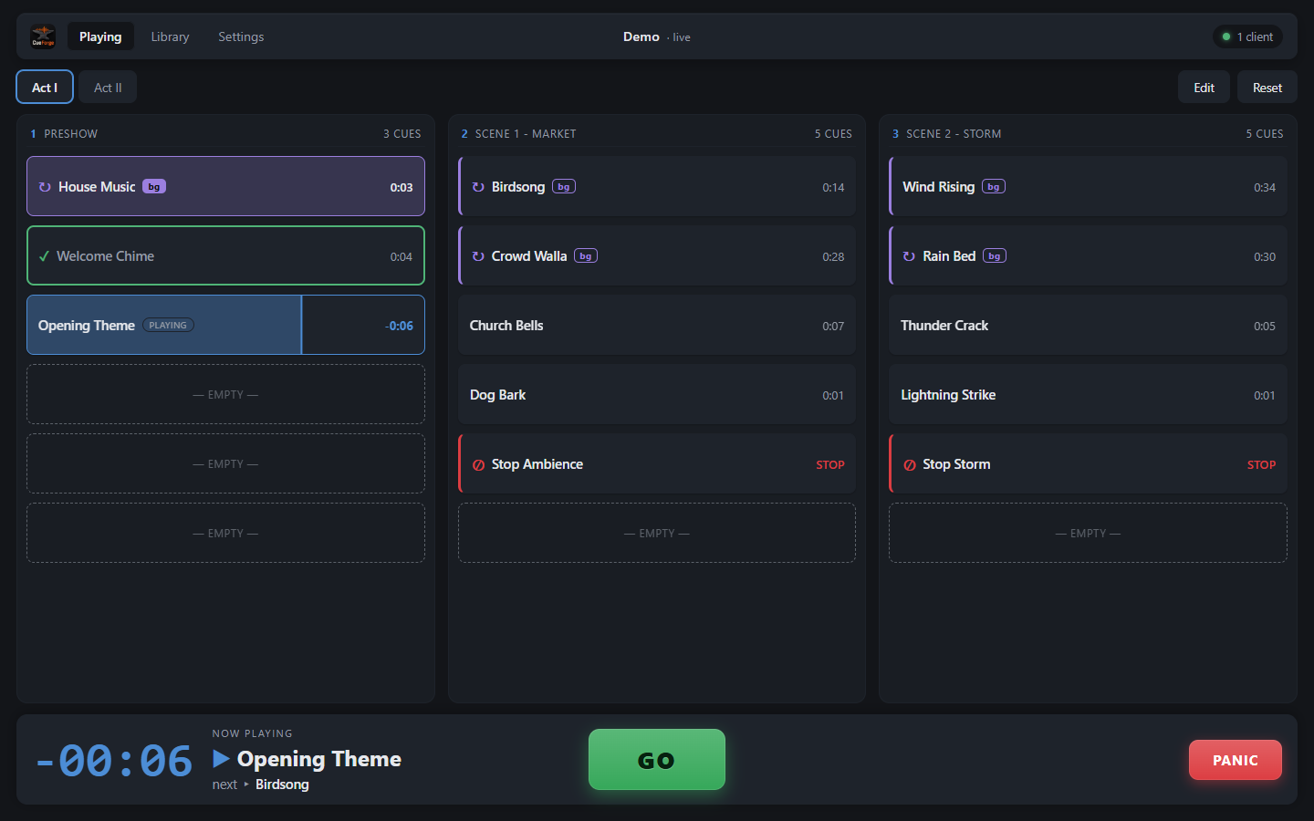 CueForge playing view: a cue running with progress fill, a looping background bed, and stop cues